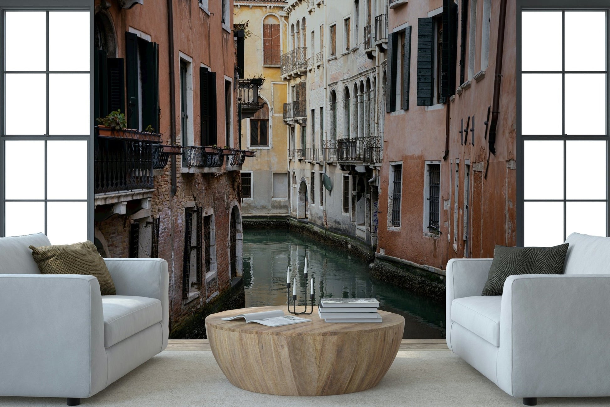 A peaceful open vista mural on decorative wallpaper.