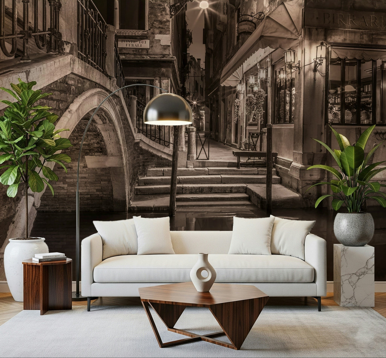 Soft blue and terracotta canal wall mural in a modern dining space.