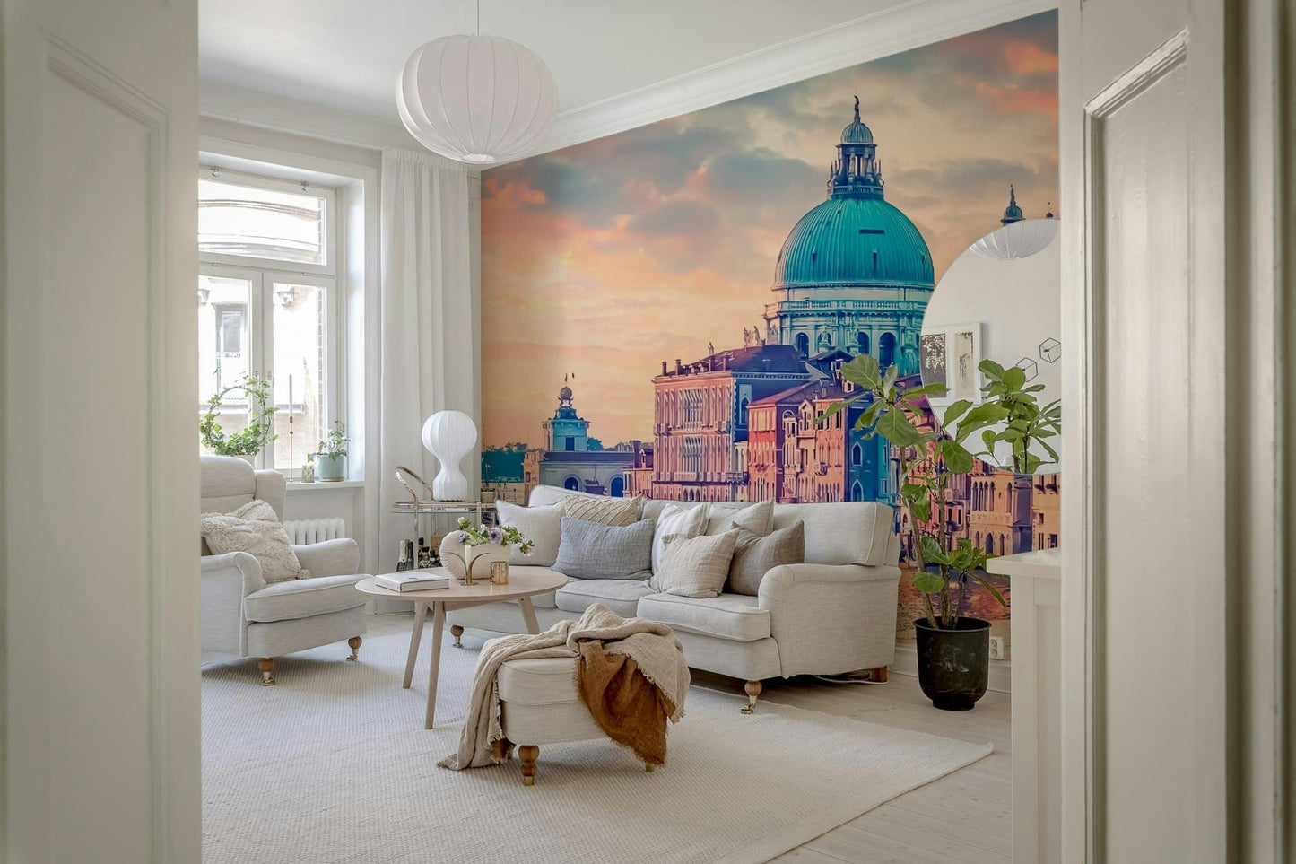 Venetian Dreamscape wallpaper with wide European scenery for dining.