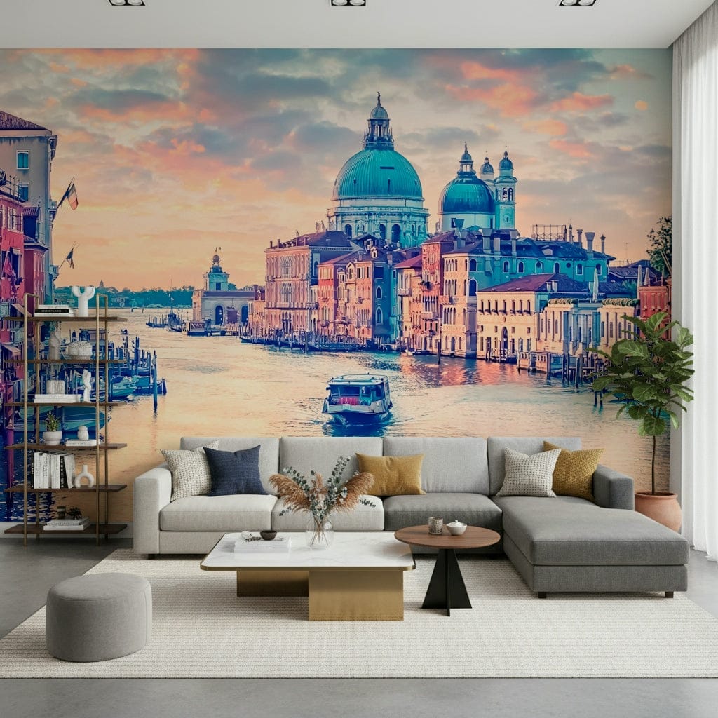 Venetian Dreamscape wallpaper featuring classic boats and stone arches.