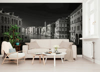 A serene flowing design wall mural in black, white, and gray tones.