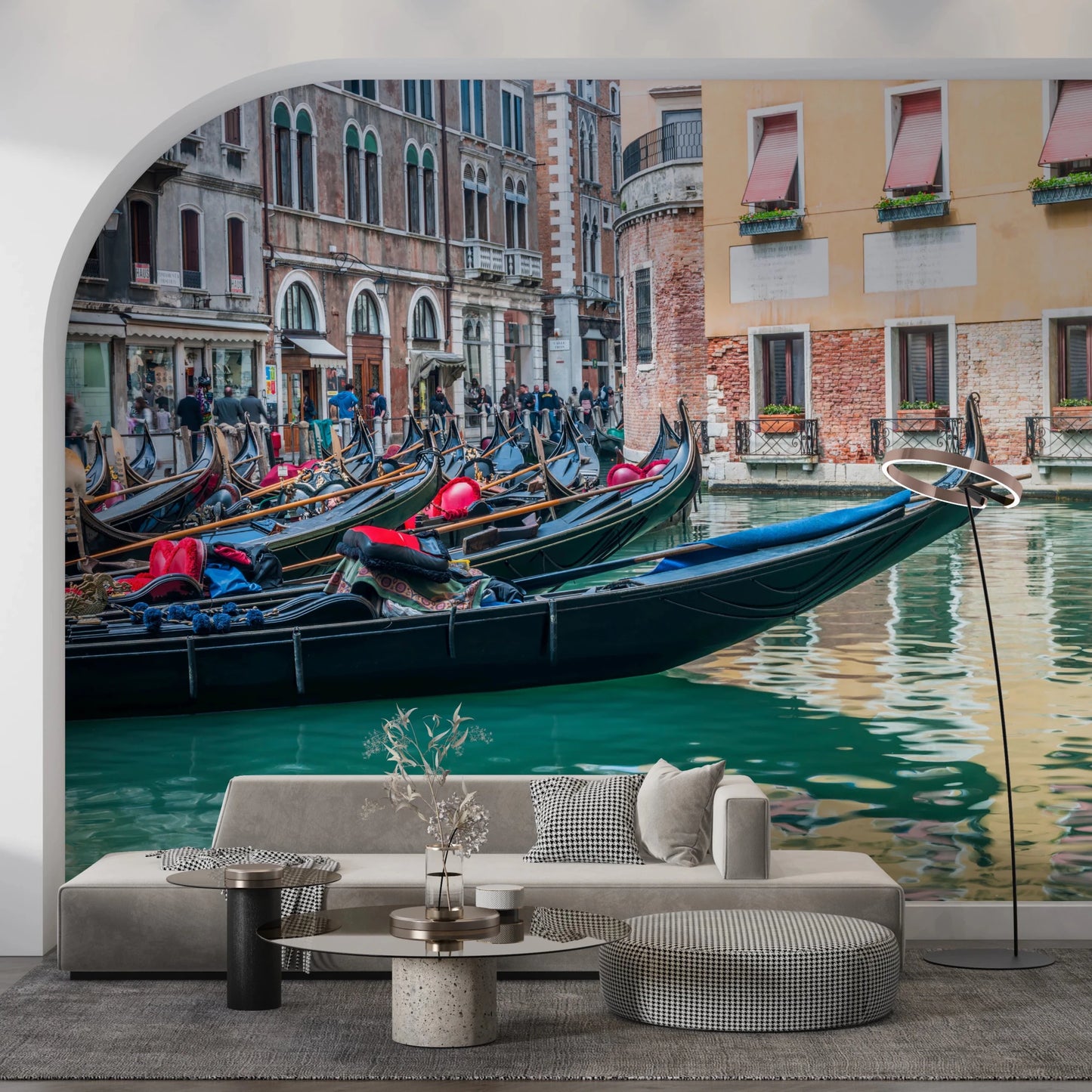 Scenic urban wall mural featuring historic stone buildings.