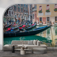 Scenic urban wall mural featuring historic stone buildings.