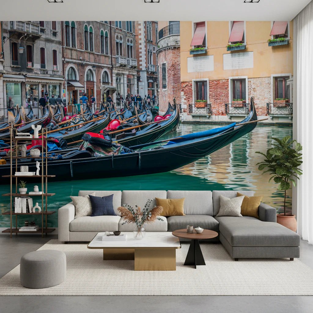 Architectural canal wall mural showcasing arched windows.