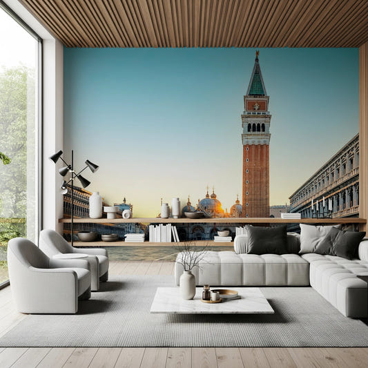 Living room with Venetian Sunrise wall mural and grand piazza landmark view