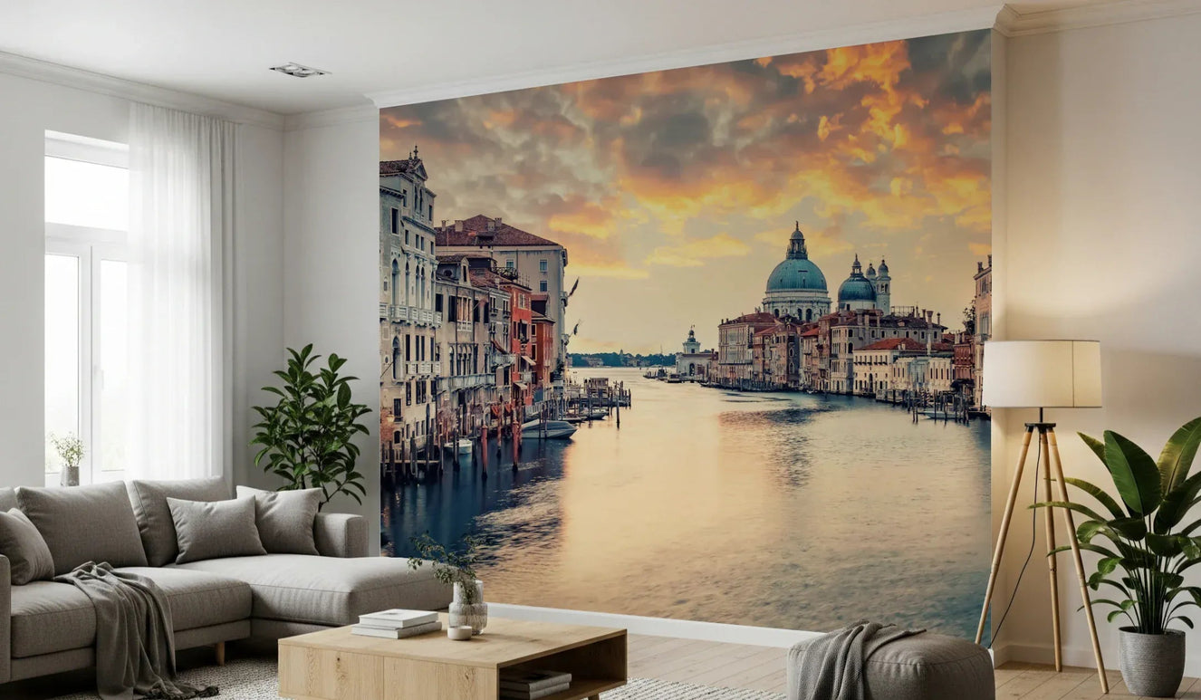 Venetian Twilight wall mural with purple sunset sky in a modern living room.