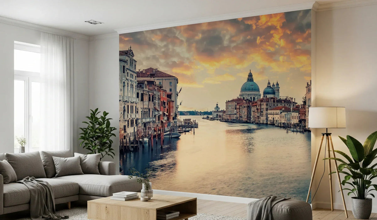 Venetian Twilight wall mural with purple sunset sky in a modern living room., GD8020