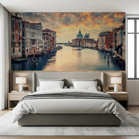 Venetian Twilight wall mural with gondolas on water for a dining room feature wall., GD8020