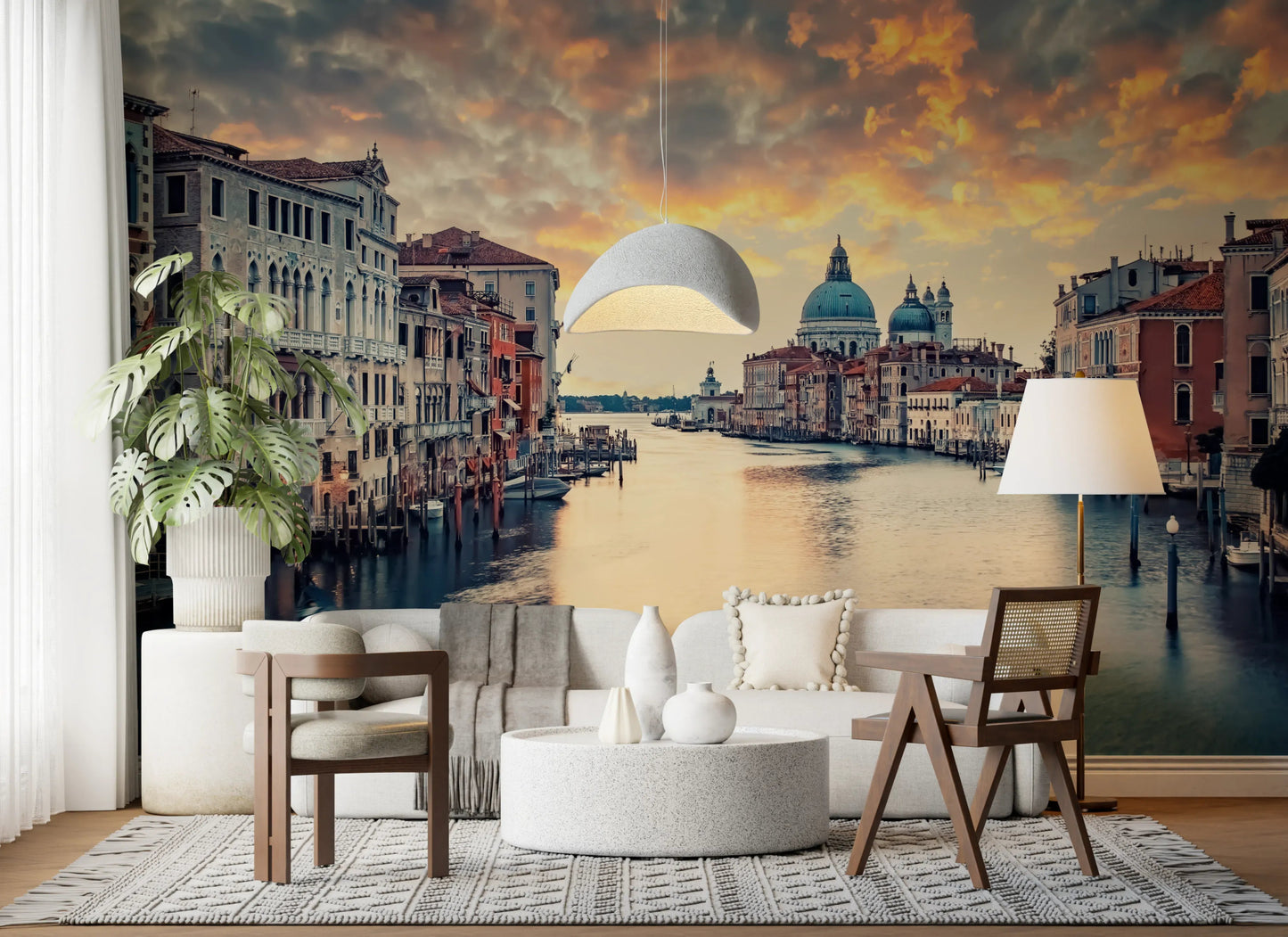 Romantic dusk lighting on a Venetian Twilight wall mural in a lounge., GD8020