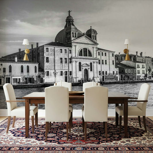 Italian city view wallpaper in a bright and modern dining area.