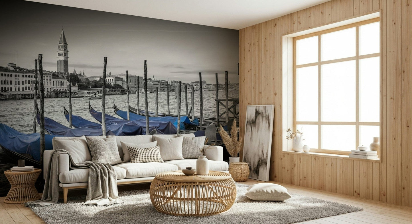 Nautical themed wallpaper with turquoise water and historic marble facades.