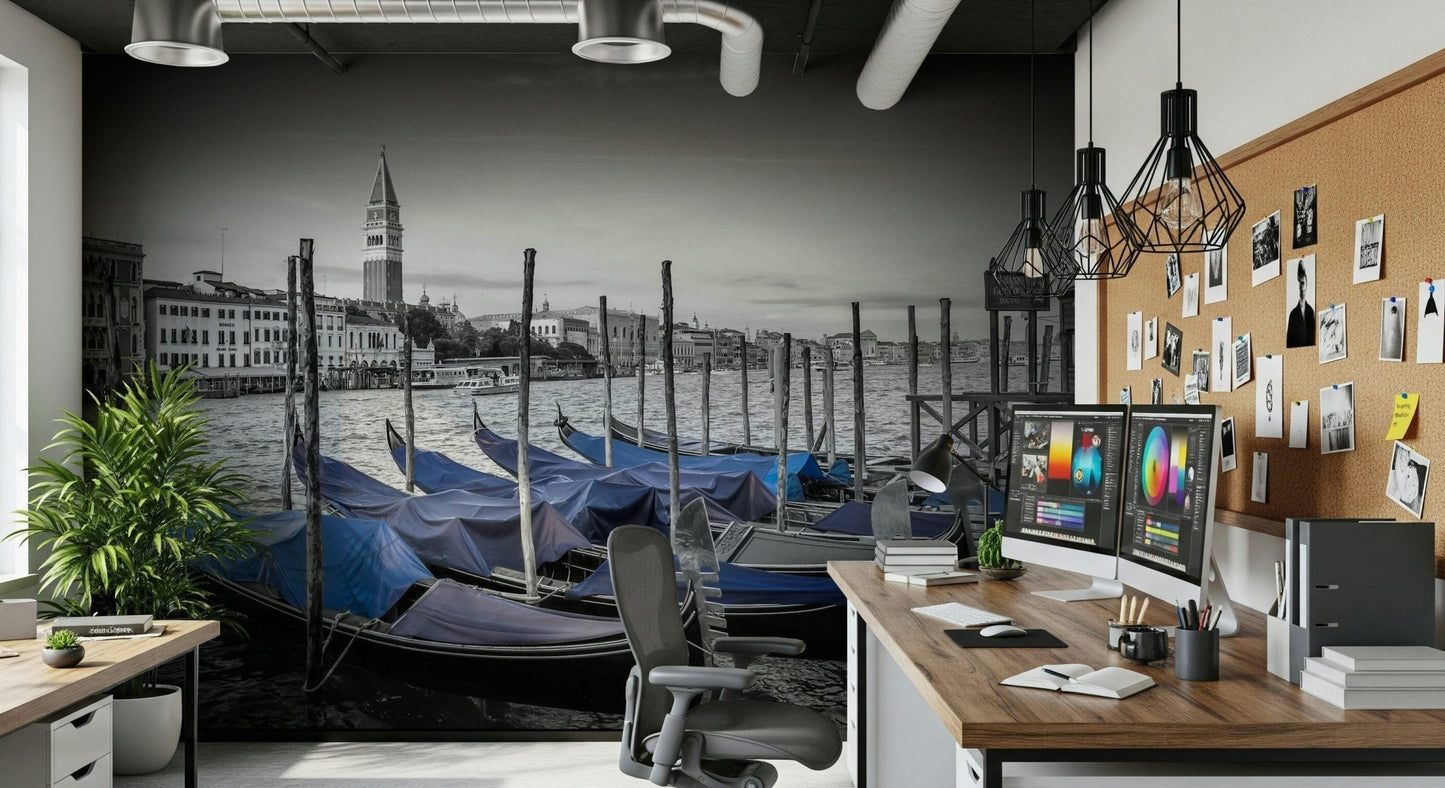 Large scale wall mural of a European city landscape with classic stone buildings.