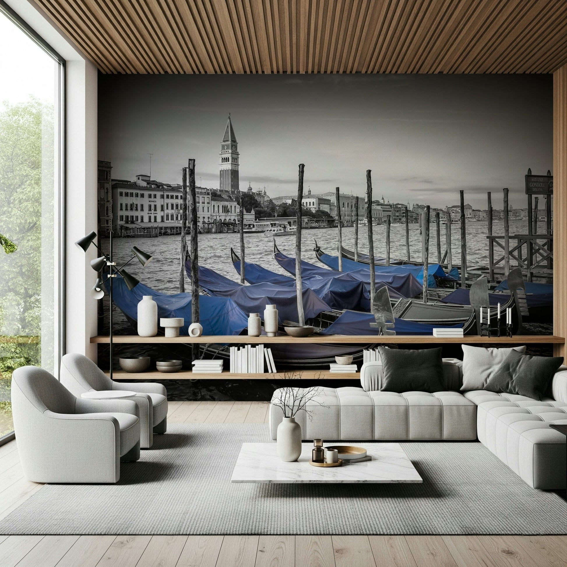 Classic Italian vista wall mural in soft blues and warm terracotta tones.