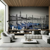 Classic Italian vista wall mural in soft blues and warm terracotta tones.