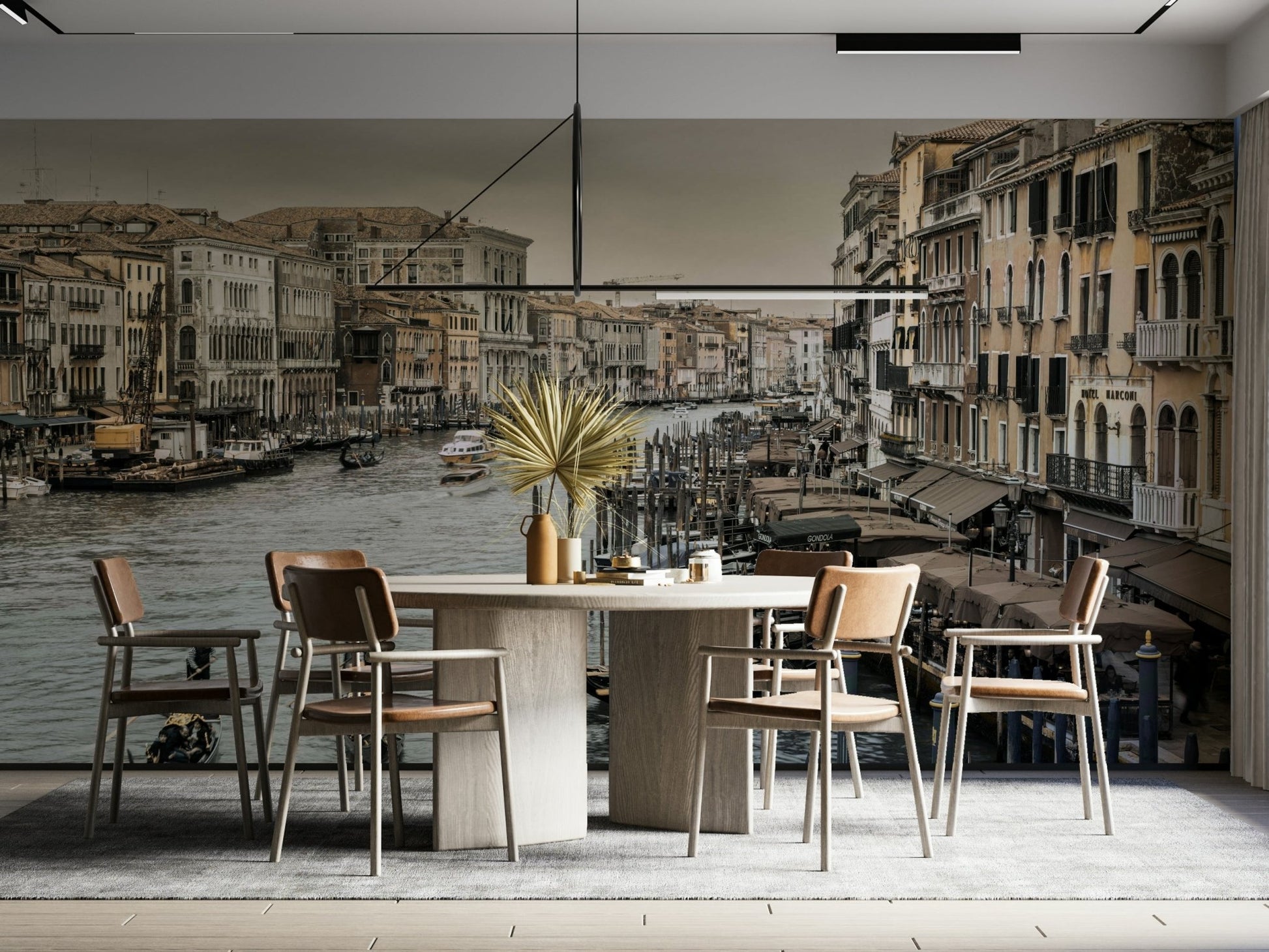 Gondolas on a canal in Venice.

