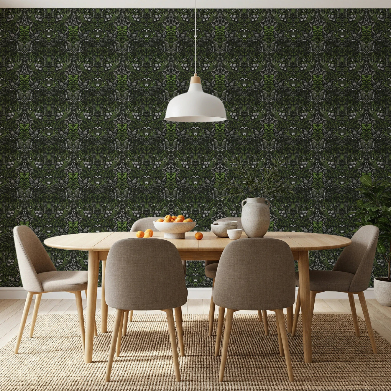Dining area styled in Verdant Damask Jungle Wallpaper with rich green motifs