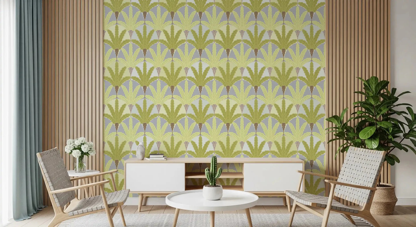 Modern green wallpaper featuring Verdant Fan Pattern leaf detailing