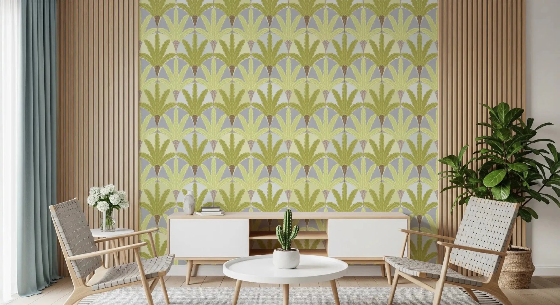 Modern green wallpaper featuring Verdant Fan Pattern leaf detailing