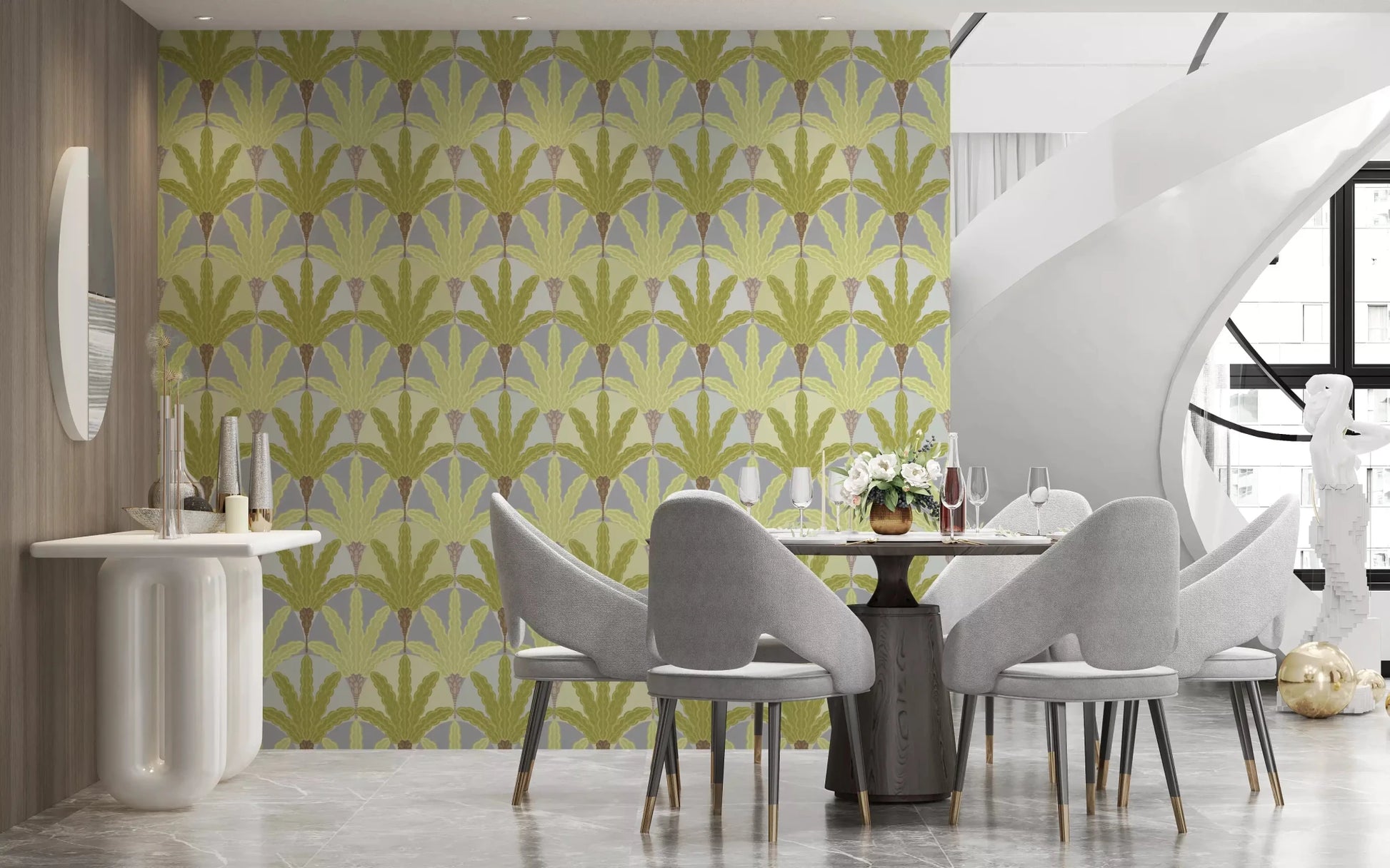 Green botanical wallpaper featuring Verdant Fan Pattern layered leaf forms