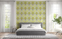 Bedroom styled with Verdant Fan Pattern wallpaper in layered green foliage