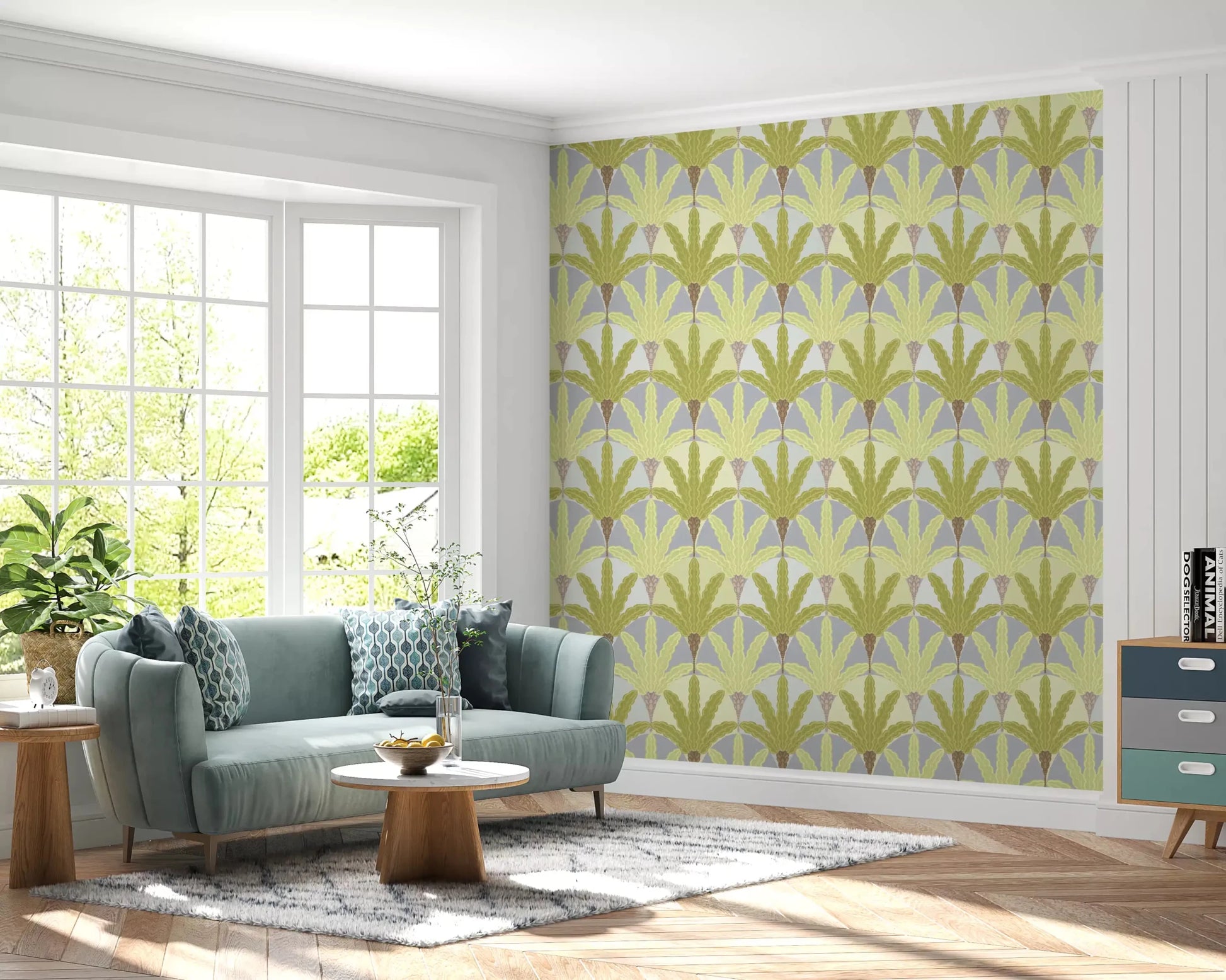Hallway space with Verdant Fan Pattern wallpaper in soft green botanical tones