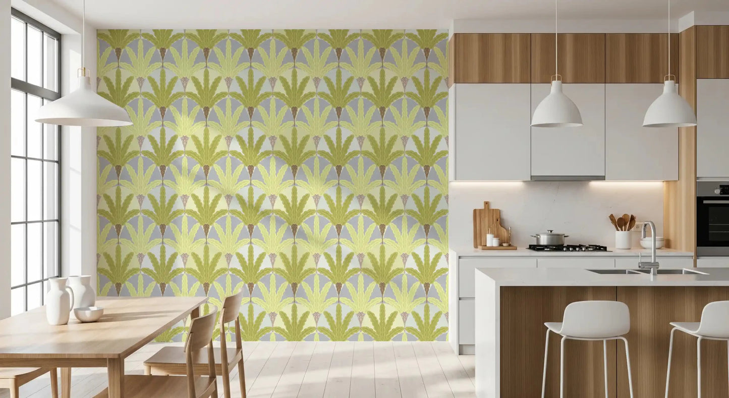 Verdant Fan Pattern wallpaper showing symmetrical foliage in muted greens