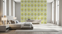Bed room setup using Verdant Fan Pattern wallpaper with structured leaves