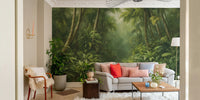 The mural gives the illusion of a window looking out onto a beautiful forest.

