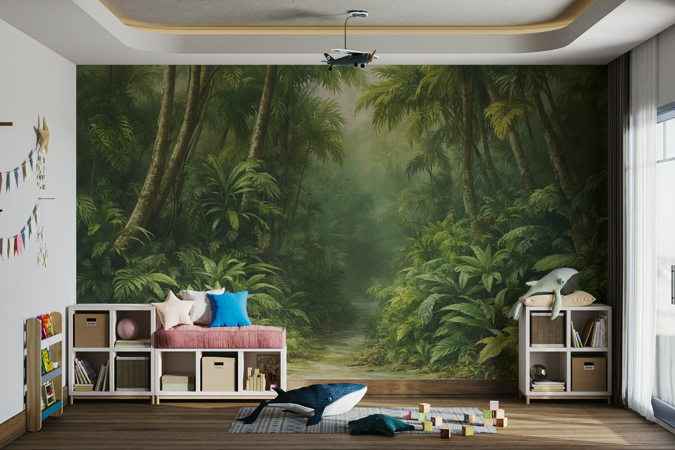 A wide wall mural showing a deep, verdant forest.

