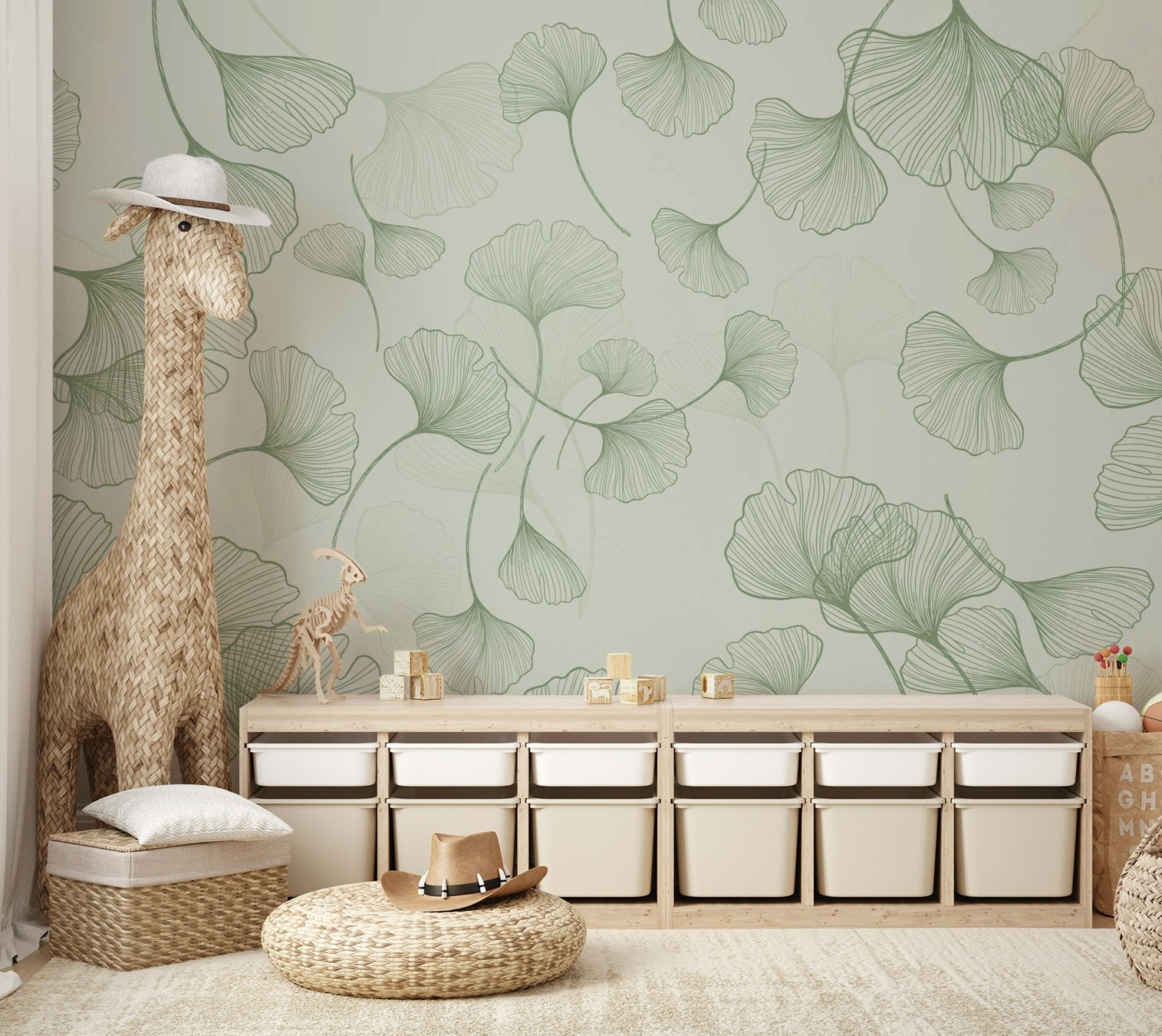 The leaves are drawn with thin, elegant green lines.

