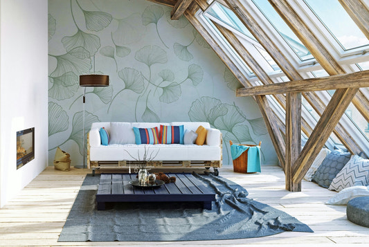 A minimalist wall mural featuring a pattern of ginkgo leaves.

