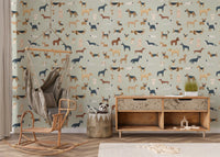 Vibrant wallpaper with cute dogs for kids' space
