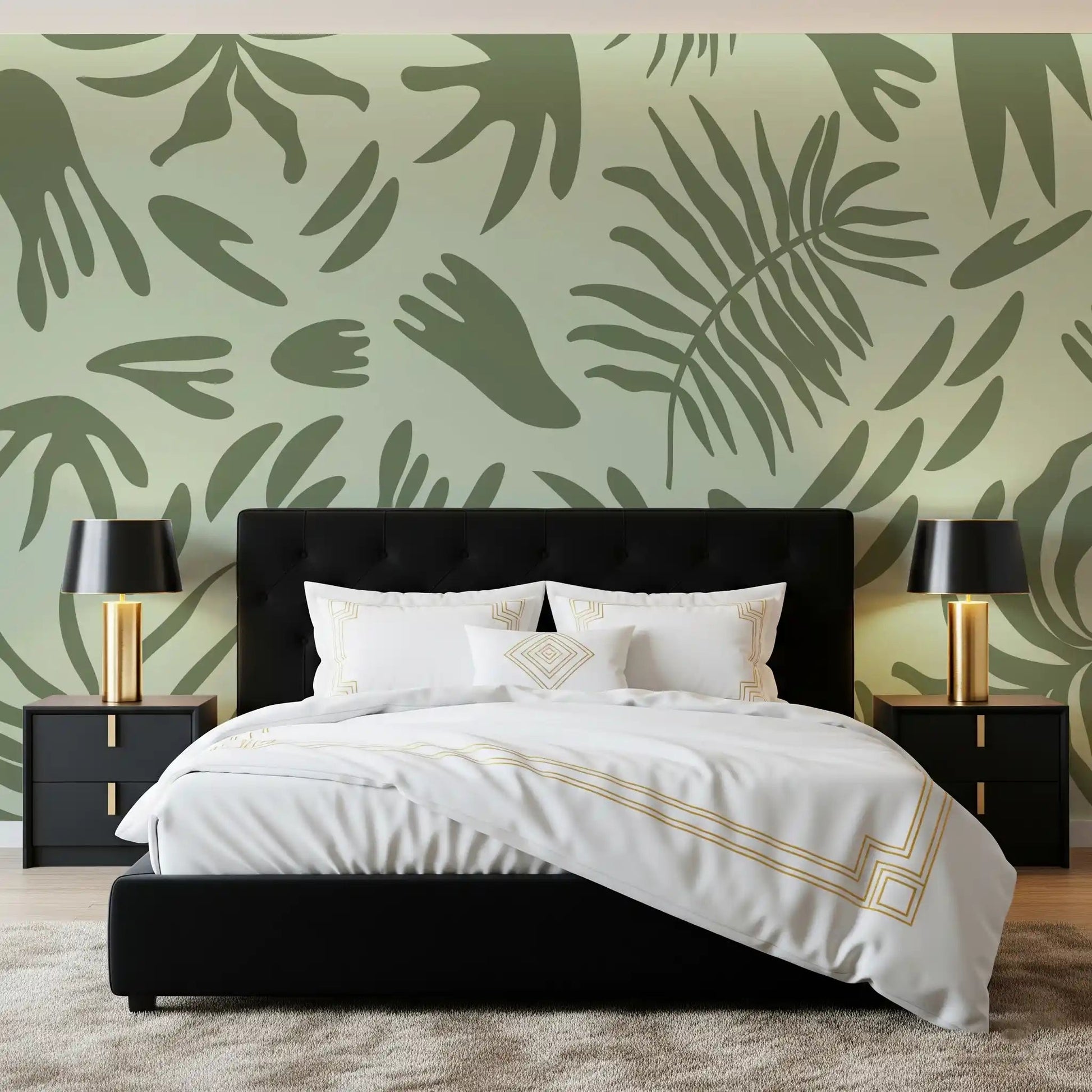 Bedroom wall styled using Verdant Shapes Harmony abstract leaf mural, GD9164