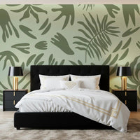 Bedroom wall styled using Verdant Shapes Harmony abstract leaf mural, GD9164
