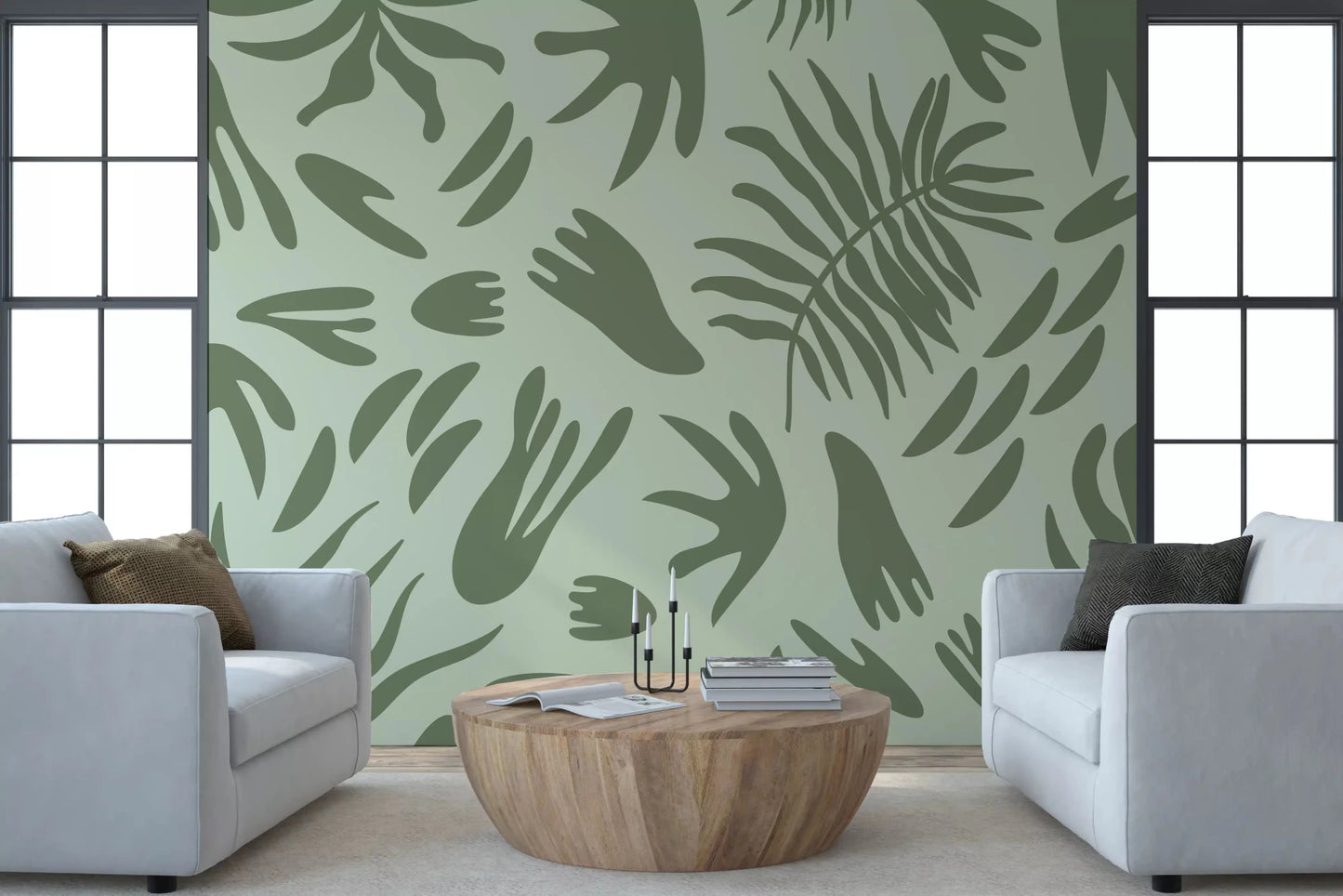 Soft green botanical shapes spread across this Verdant Shapes Harmony mural, GD9164