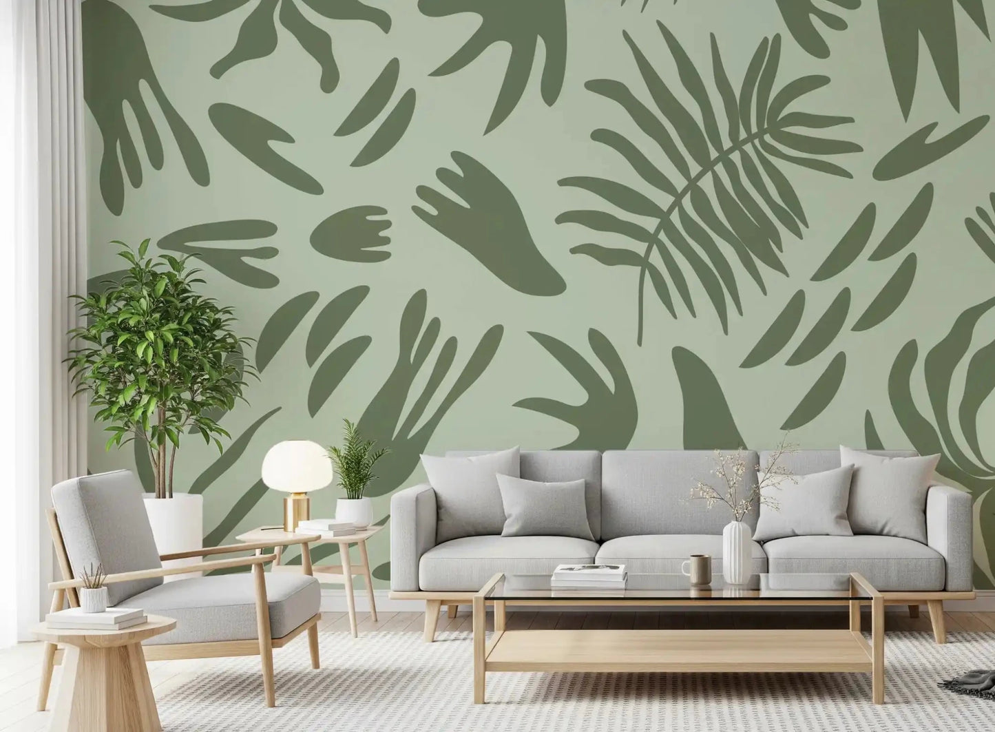 Verdant Shapes Harmony Wall Mural in a living room with soft green foliage, GD9164