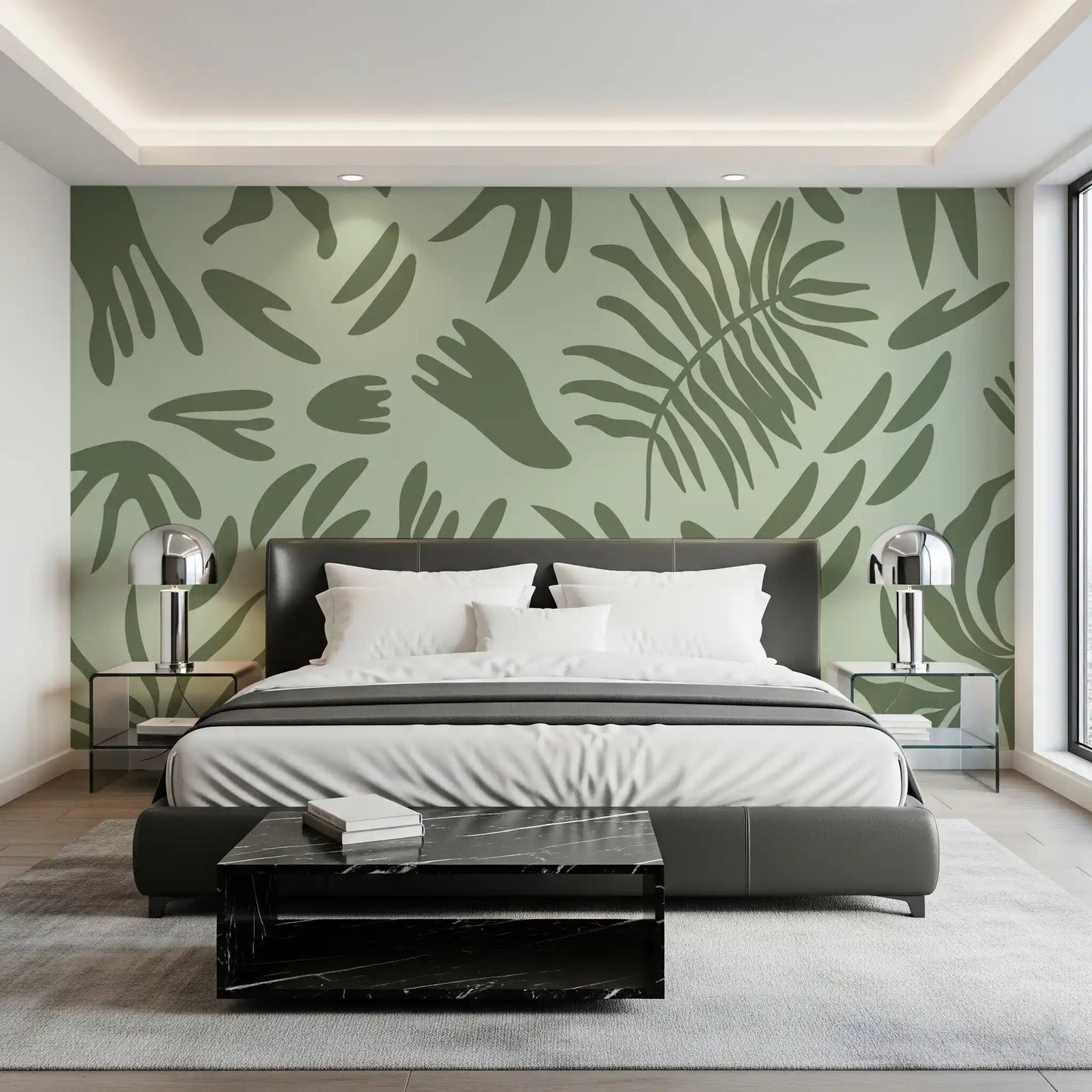 A calm abstract foliage pattern in Verdant Shapes Harmony Wall Mural, GD9164