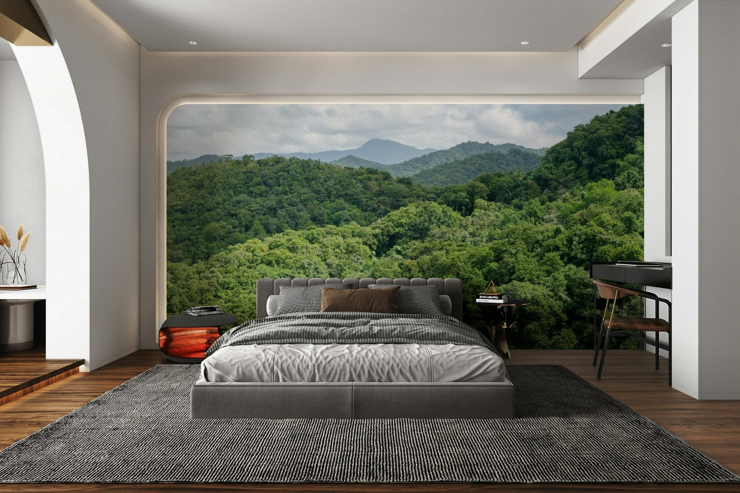A graceful misty mountain wall mural in rich, deep tones., GD5126