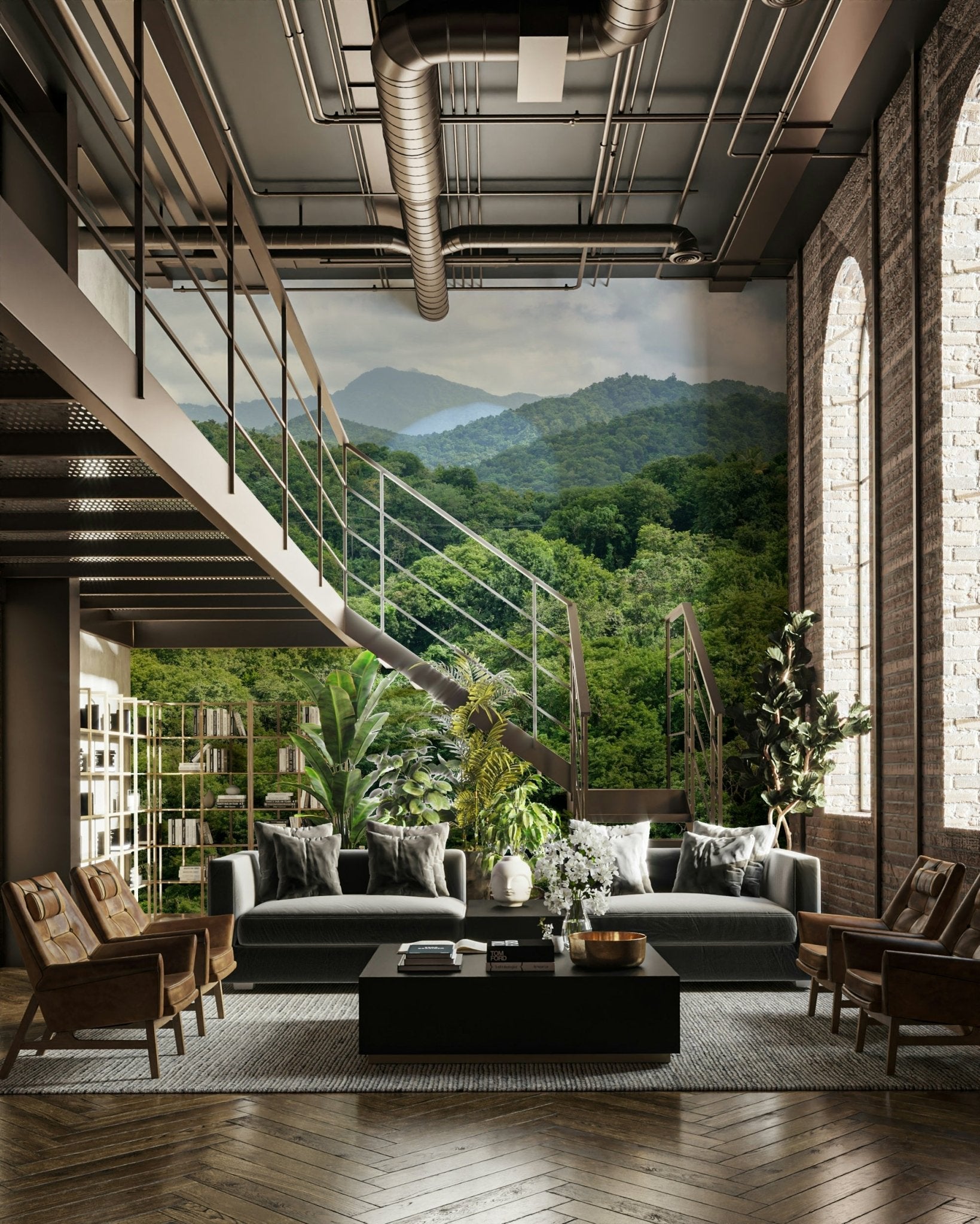 A beautiful green mountain wallpaper mural with lush forest., GD5126