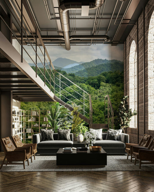 A beautiful green mountain wallpaper mural with lush forest.

