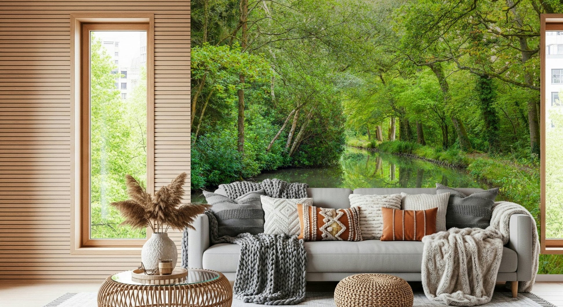 Light filtering Verdant Stream Escape Wall Mural through trees.