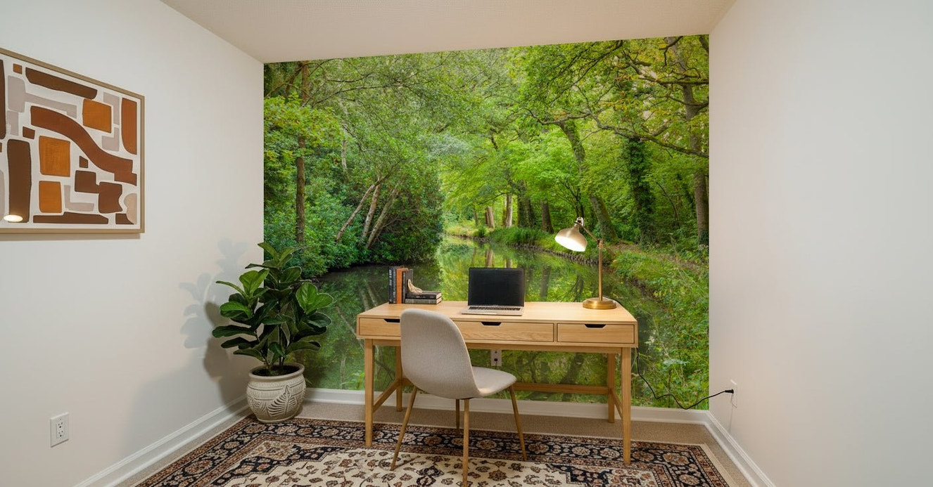 Lush green Verdant Stream Escape Wall Mural waterway scene.
