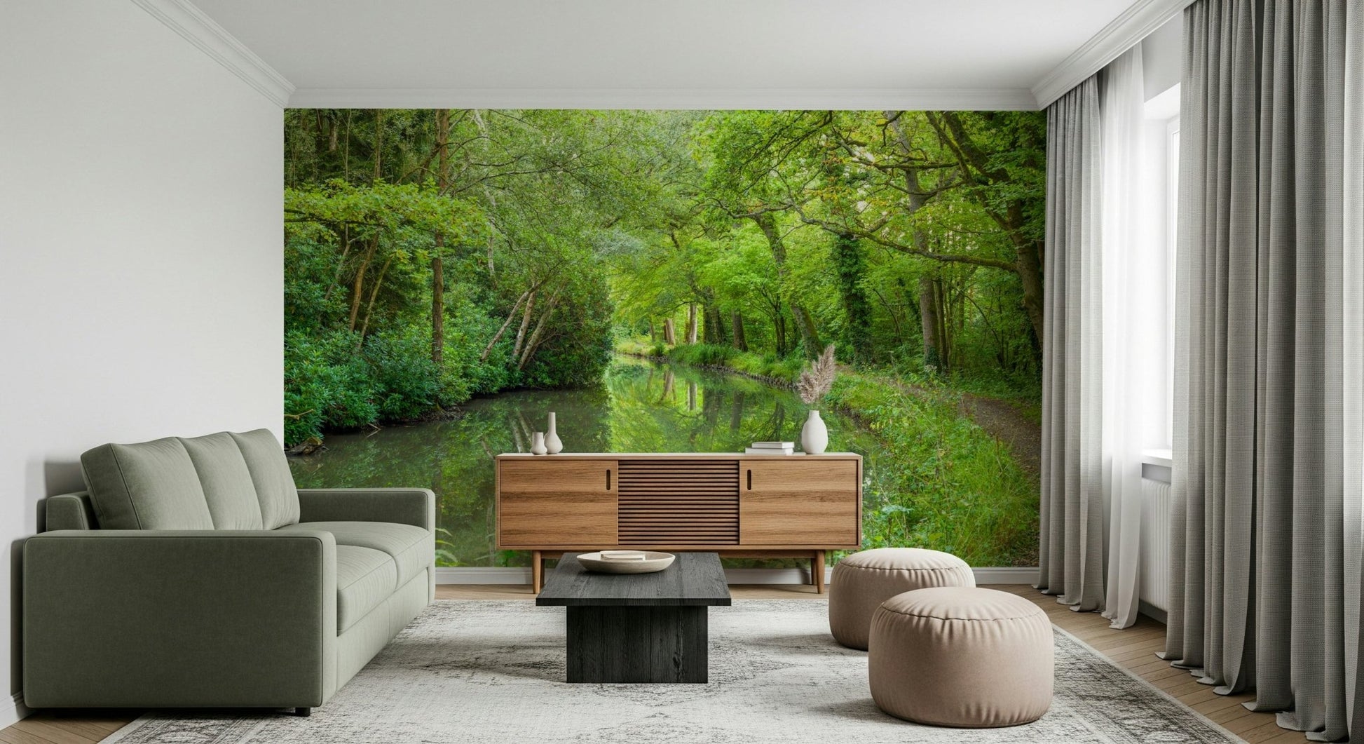 Serene river Verdant Stream Escape Wall Mural nature landscape.