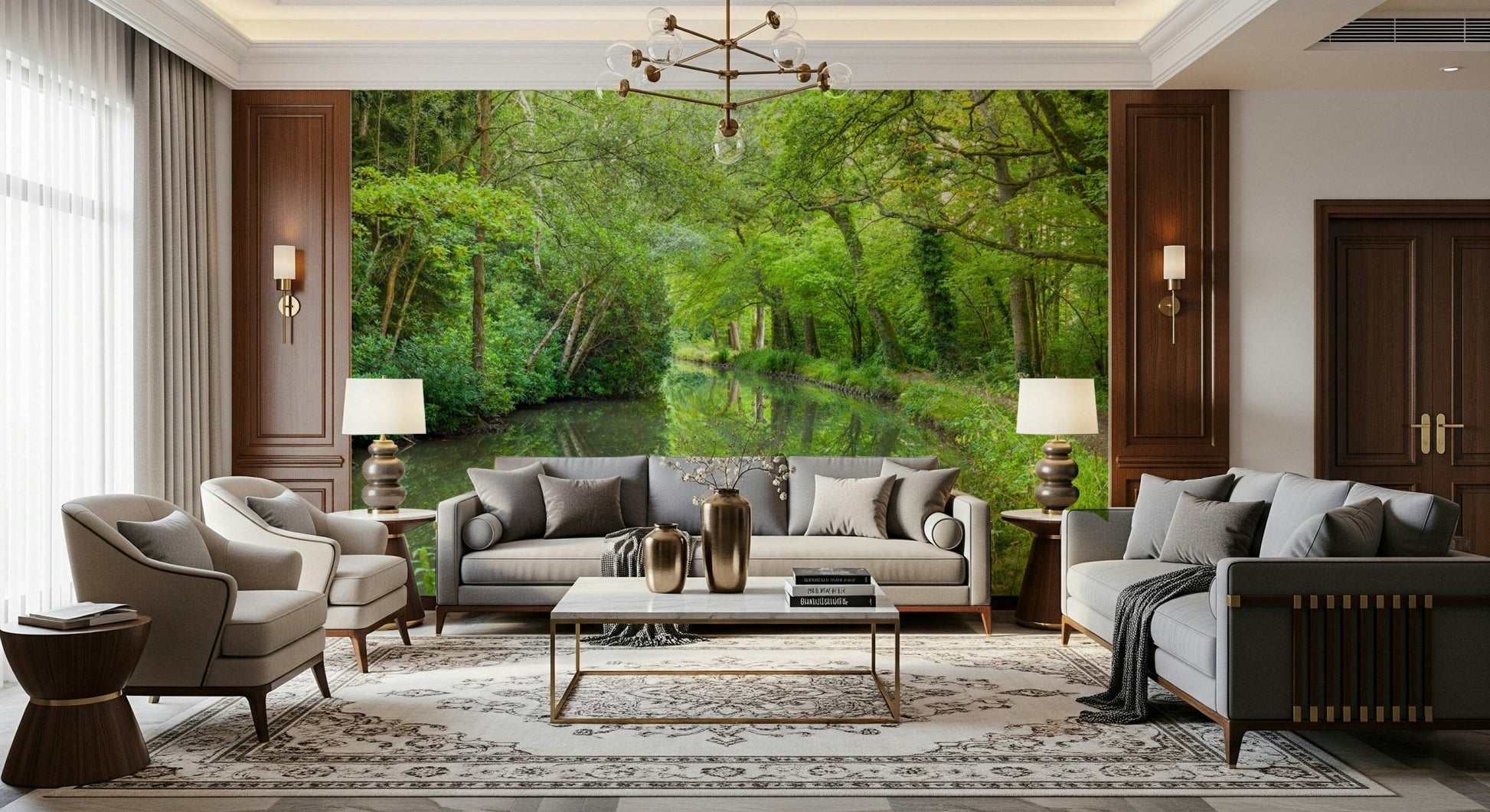 Peaceful path Verdant Stream Escape Wall Mural along the water.