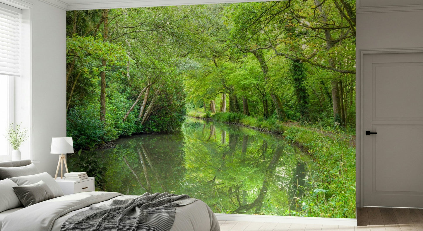 Wide panoramic Verdant Stream Escape Wall Mural wall art.