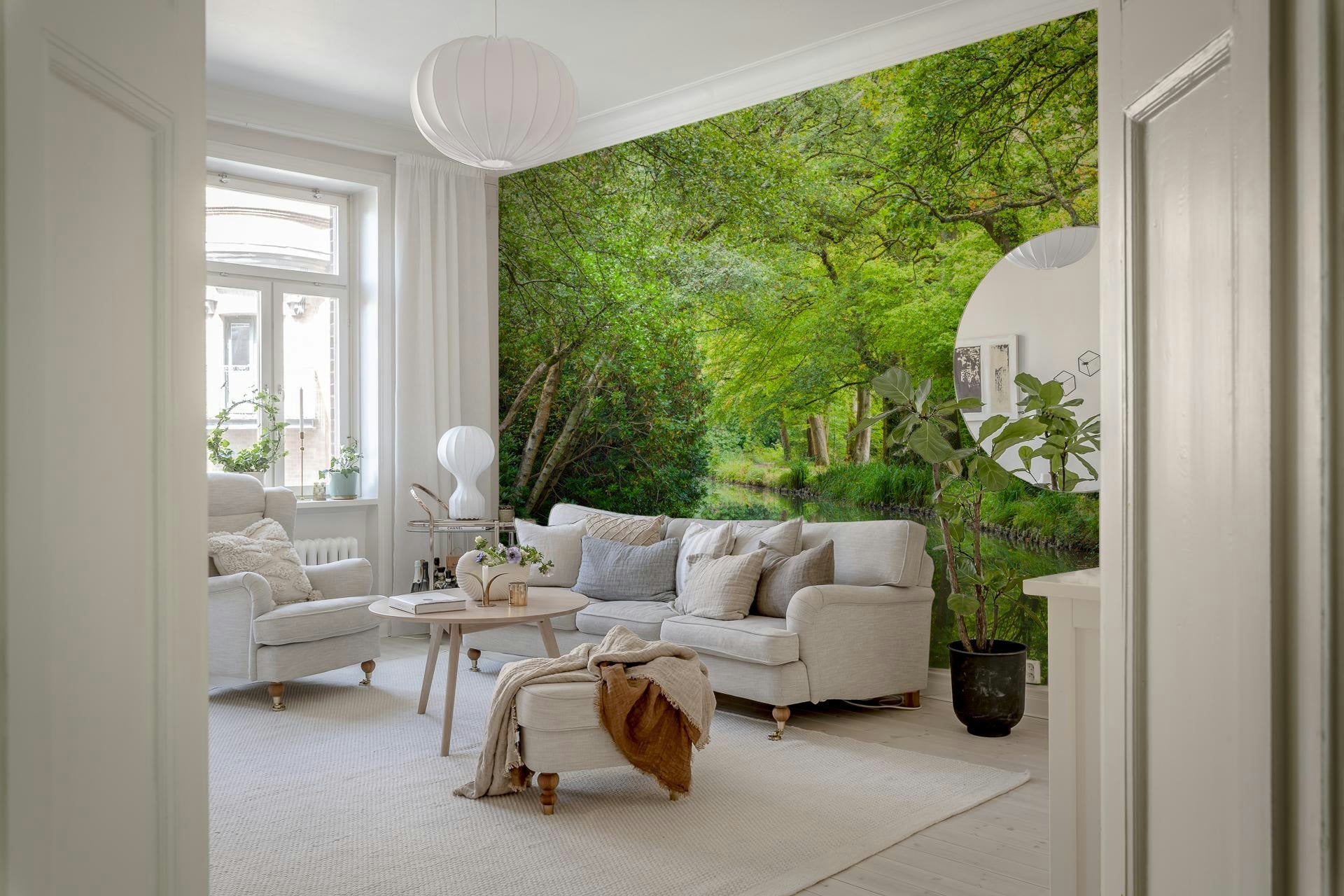 Calm stream Verdant Stream Escape Wall Mural through forest.