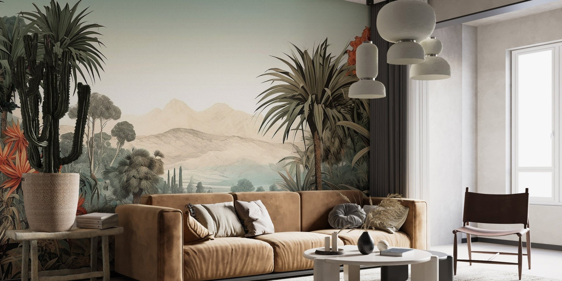 Retro botanical wallpaper featuring tropical landscape scenery B800