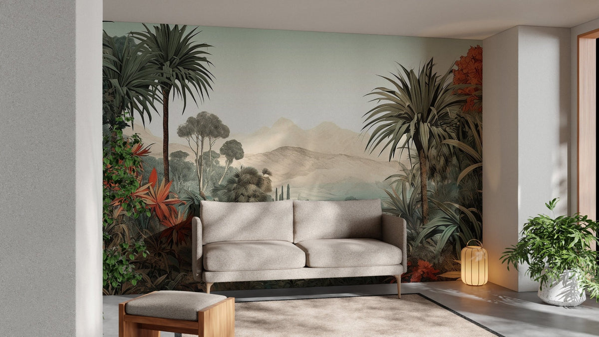Vintage tropical wallpaper with lush flora and serene valley B800