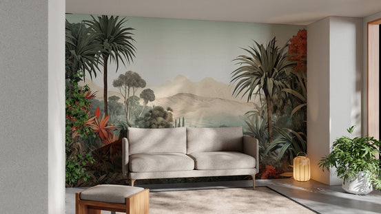 Vintage tropical wallpaper with lush flora and serene valley B800