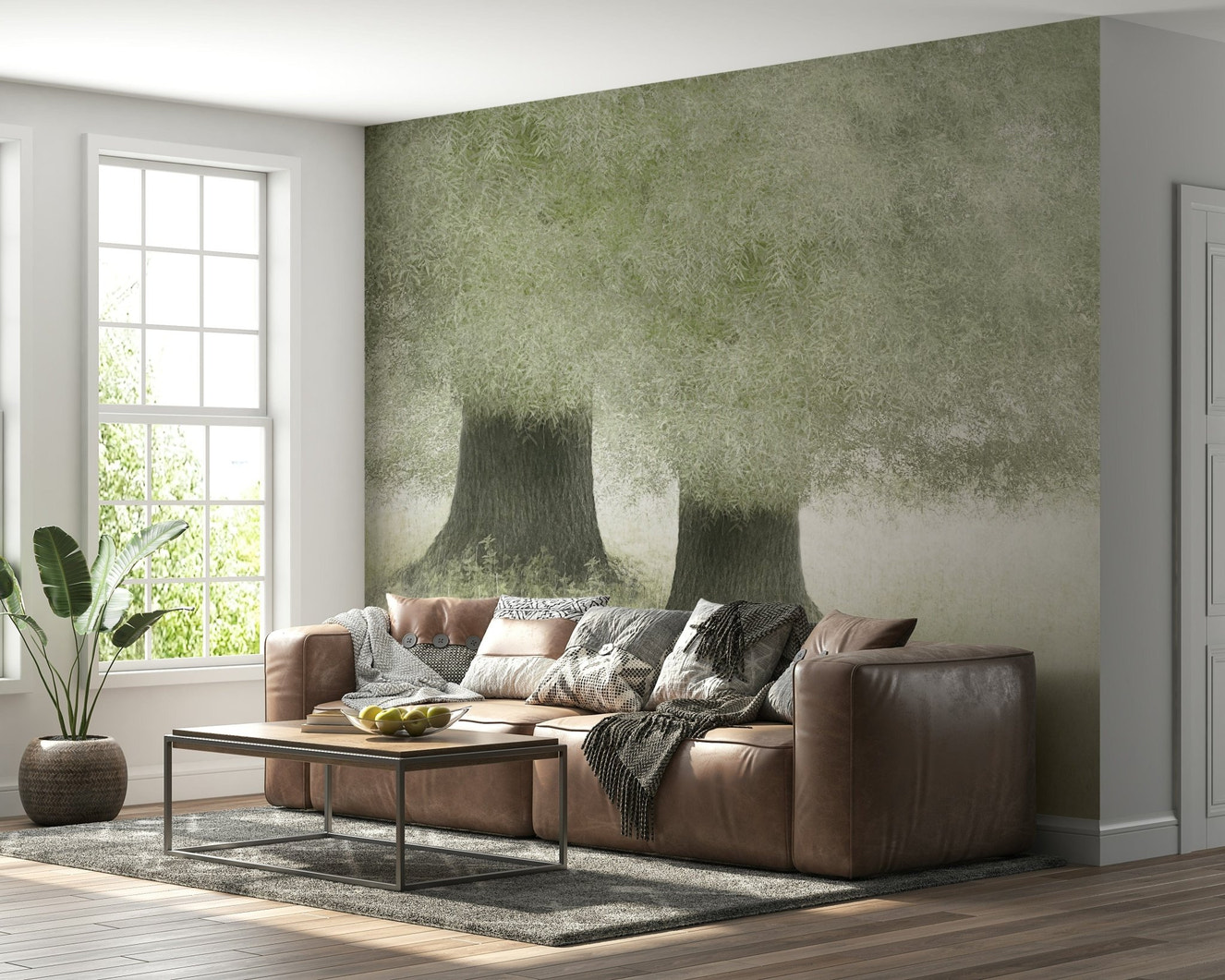 A beautiful subtle green wallpaper mural with a flowing, veil-like texture.